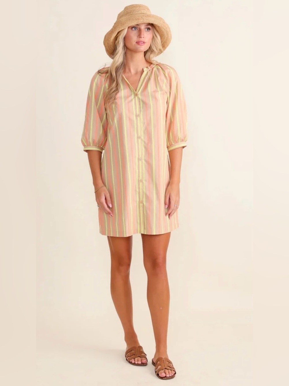 New SEDGE Amanda Desert Stripe Dress Tan Neon Yellow Orange Cotton Button NWT